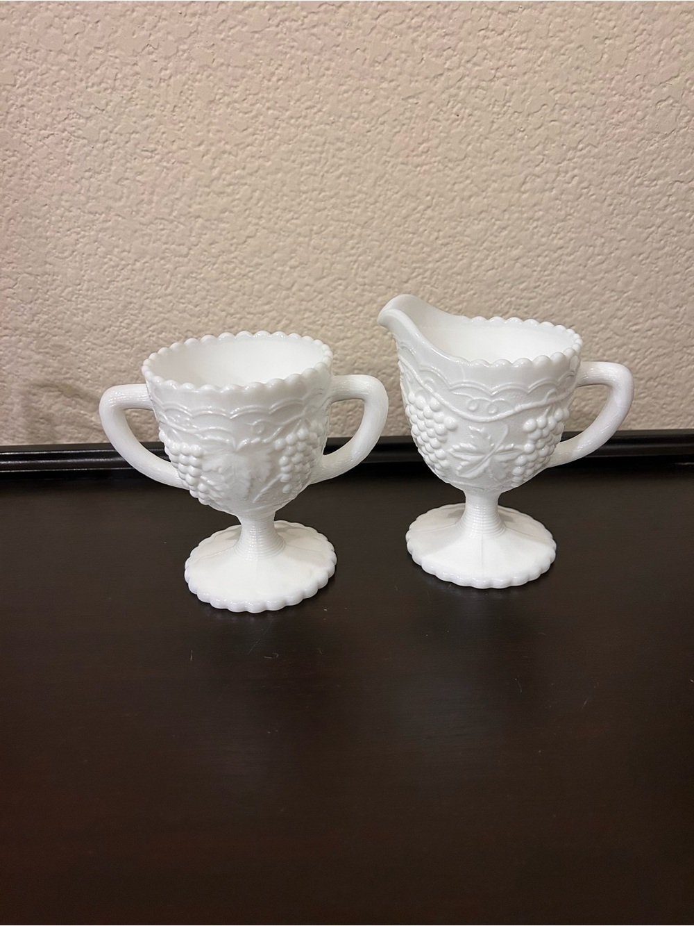 vintage Imperial White Milk Glass "Vintage Grape" Sugar and Creamer Set